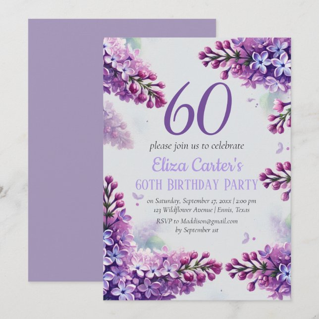 Purple Lilac 60th Floral Elegant Birthday  Invitation (Front/Back)