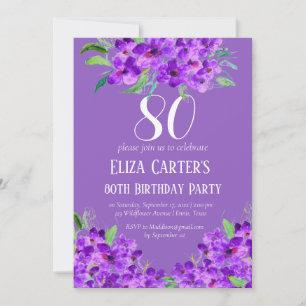 Purple Lilac 80th Eighty Floral Elegant Birthday Invitation