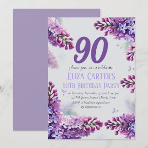 Purple Lilac 90th Floral Elegant Birthday Invitation