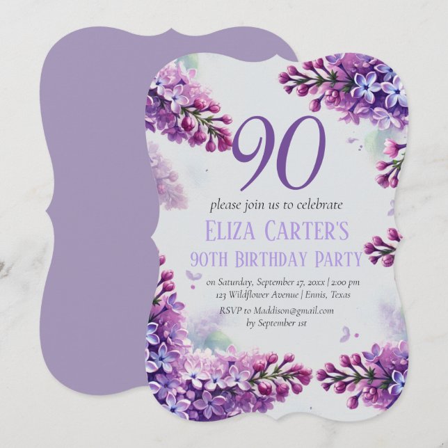 Purple Lilac 90th Floral Elegant Birthday  Invitation (Front/Back)