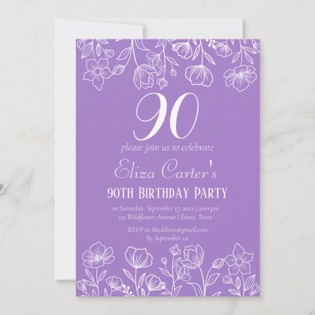 Purple Lilac 90th Ninety Floral Elegant Birthday  Invitation (Front)