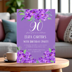 Purple Lilac 90th Ninety Floral Elegant Birthday  Invitation
