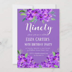 Purple Lilac 90th Ninety Floral Elegant Birthday Invitation