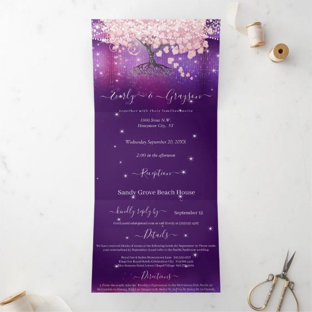 Purple Lilac and Pink Heart Leaf Tree Wedding Tri- Tri-Fold Invitation (Inside)