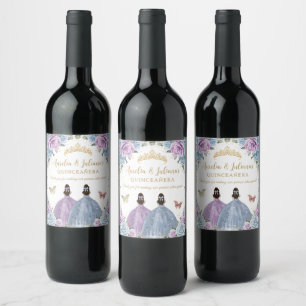 Purple Lilac Baby Blue Floral Twins Quinceañera Wine Label
