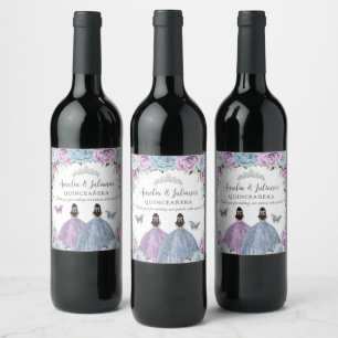 Purple Lilac Baby Blue Floral Twins Quinceañera Wine Label