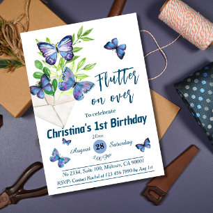 Purple lilac & blue butterfly themed 1st birthday  invitation