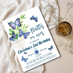 Purple lilac & blue butterfly themed 2nd birthday invitation