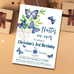 Purple lilac & blue butterfly themed 3rd birthday invitation