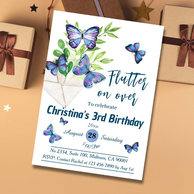 Purple lilac & blue butterfly themed 3rd birthday  invitation (Creator Uploaded)