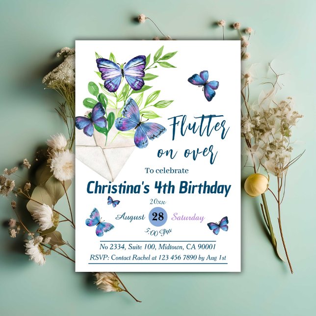 Purple lilac & blue butterfly themed 4th birthday  invitation (Creator Uploaded)