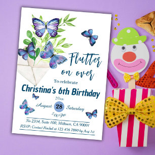 Purple lilac & blue butterfly themed 6th birthday invitation