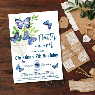 Purple lilac & blue butterfly themed 7th birthday invitation
