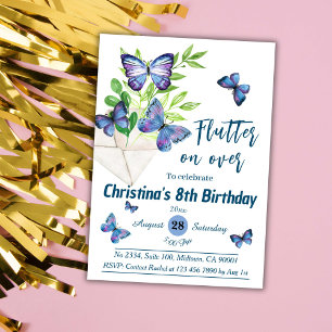 Purple lilac & blue butterfly themed 8th birthday invitation