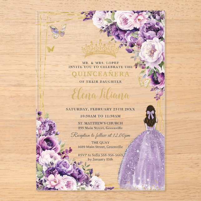 Purple Lilac Blush Floral Quinceanera 15 Sweet 16 Acrylic Invitations (Front)