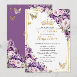 Purple Lilac Blush Floral Quinceanera 15 Sweet 16 Invitation