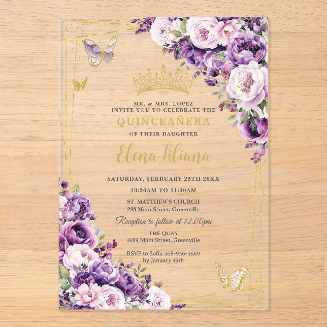 Purple Lilac Blush Floral Quinceanera Acrylic Acrylic Invitations