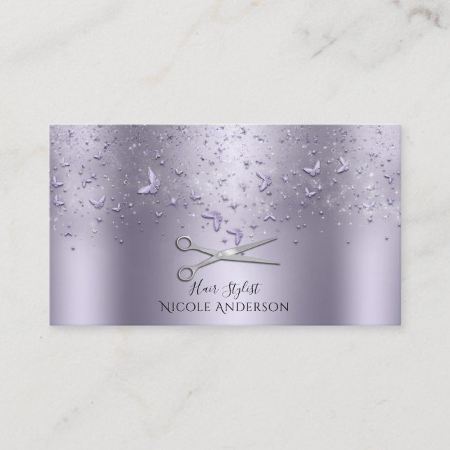 Purple Lilac Butterflies Silver Scissors Stylist Business Card (Front)