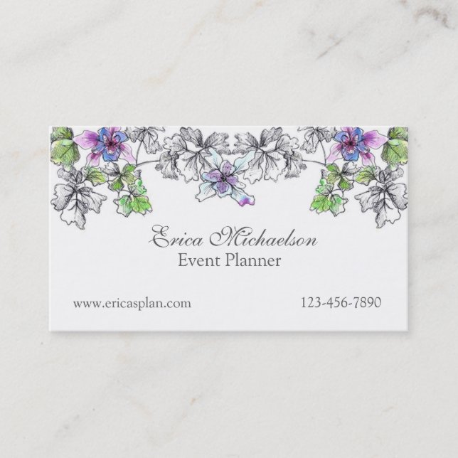 Purple Lilac Columbine Watercolor Flowers Custom Business Card (Front)