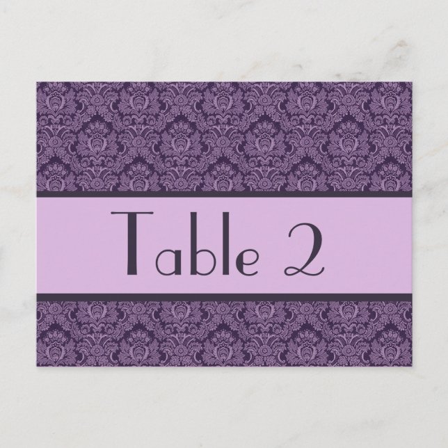 Purple & Lilac Damask Wedding Table Number Card (Front)