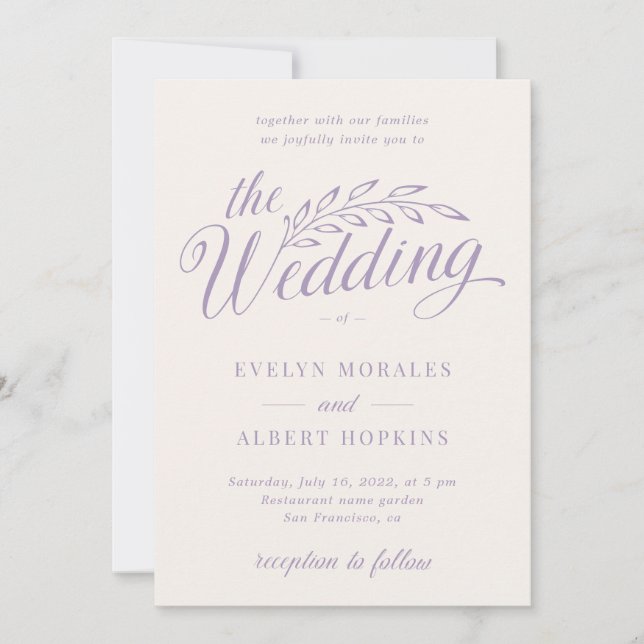 Purple Lilac Elegant Vintage Rustic Script Wedding Invitation (Front)
