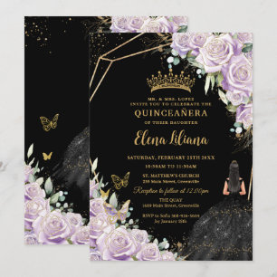 Purple Lilac Floral Black Dress Gold Quinceañera Invitation