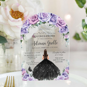 Purple Lilac Floral Black Dress Silver Quinceanera Acrylic Invitations