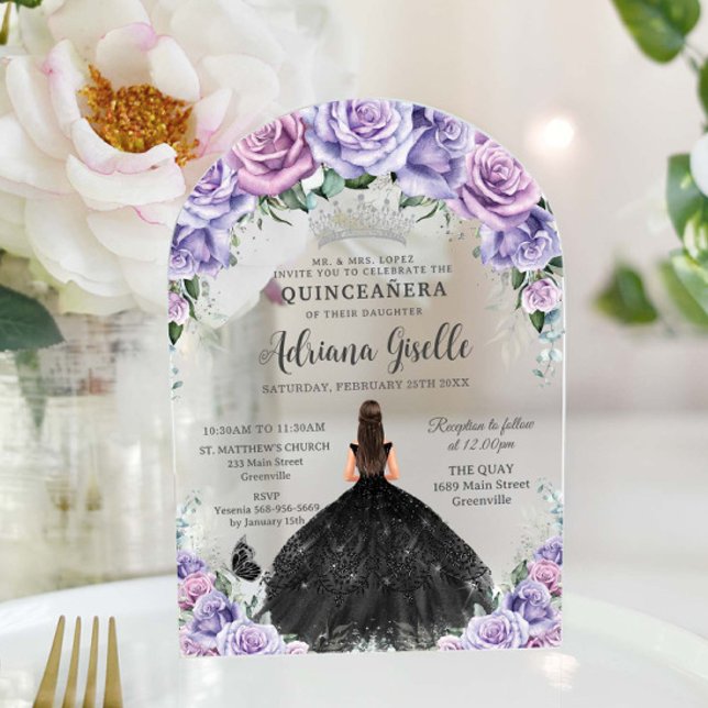 Purple Lilac Floral Black Dress Silver Quinceanera Acrylic Invitations (Creator Uploaded)