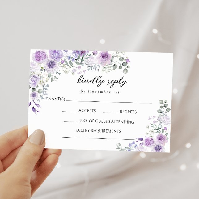 Purple Lilac Floral Bohemian Wedding RSVP Cards (Creator Uploaded)