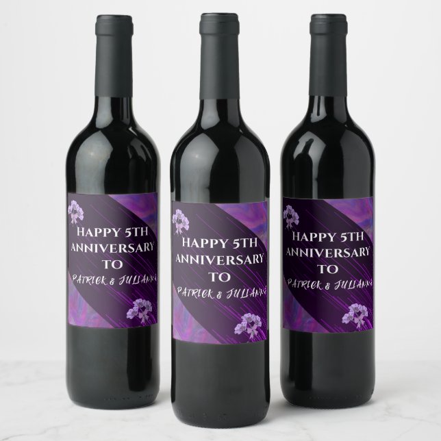 Purple Lilac Floral Boho Modern Chic Anniversary  Wine Label (Bottles)