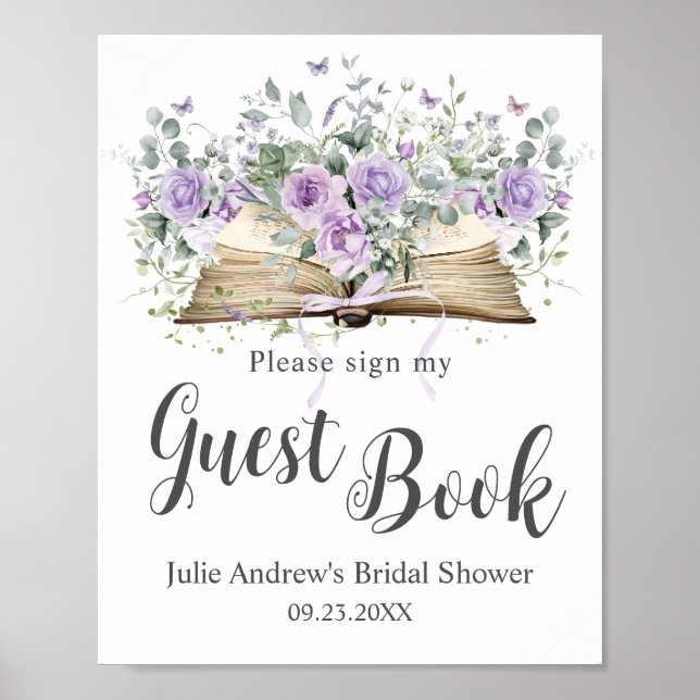 Purple Lilac Floral Book Chapter Bridal Guest Book (Front)