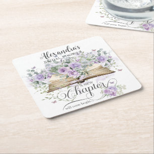 Purple Lilac Floral Book New Chapter Bridal Shower Square Paper Coaster