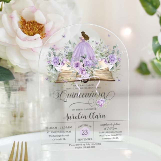 Purple Lilac Floral Book New Chapter Quinceañera Acrylic Invitations (Creator Uploaded)