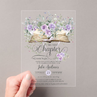Purple Lilac Floral Book Next Chapter Bridal  Acrylic Invitations