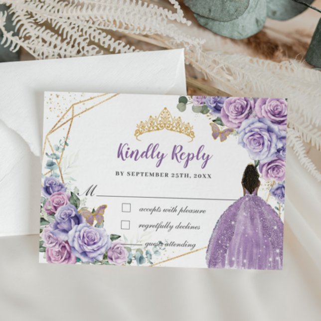 Purple Lilac Floral Brown Girl Quinceañera Reply RSVP Card (Creator Uploaded)