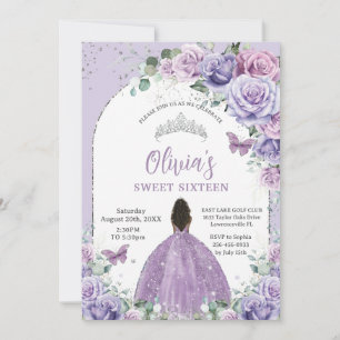 Purple Lilac Floral Brown Girl Sweet 16 Birthday Invitation