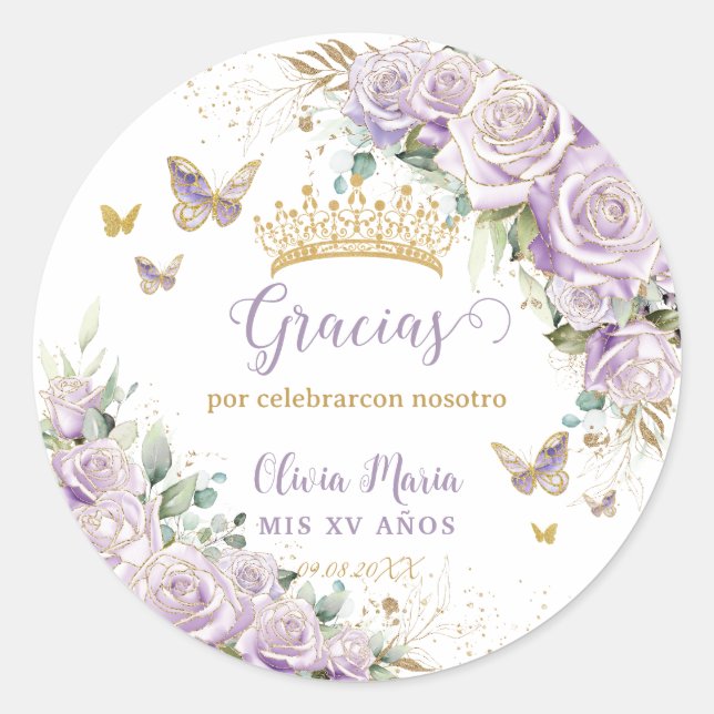 Purple Lilac Floral Butterflies Quinceañera 15 16 Classic Round Sticker (Front)