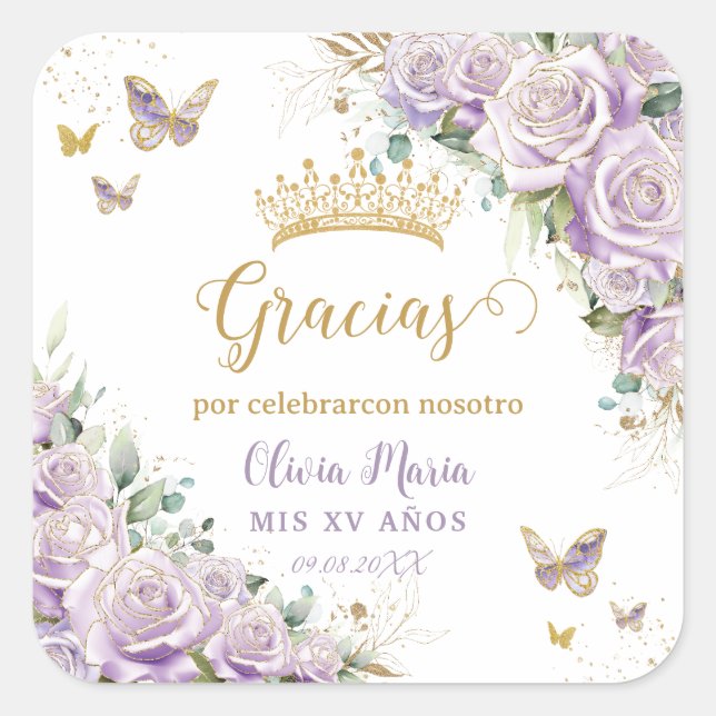 Purple Lilac Floral Butterflies Quinceañera 15 16 Square Sticker (Front)