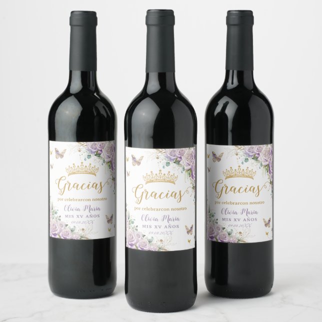 Purple Lilac Floral Butterflies Quinceanera 15 16 Wine Label (Bottles)