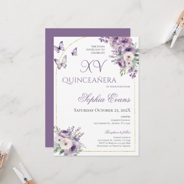 Purple Lilac Floral Butterflies Quinceañera Invitation (Front/Back In Situ)
