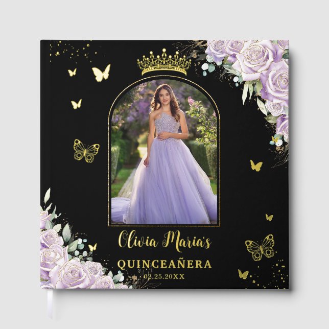 Purple Lilac Floral Butterflies Quinceañera Photo Guest Book (Front)