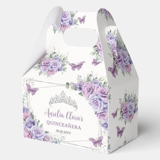 Purple Lilac Floral Butterflies Silver Tiara Gable Favour Box (Front)