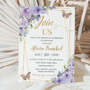 Purple Lilac Floral Butterfly Birthday Retirement Invitation
