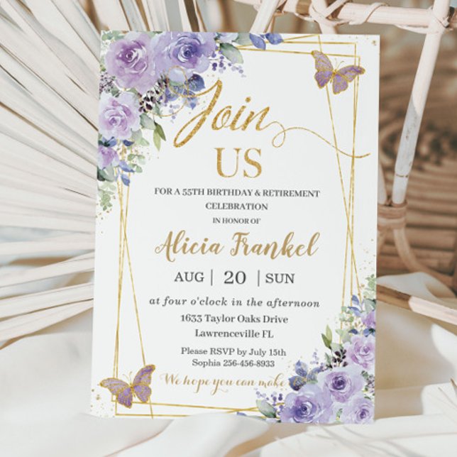 Purple Lilac Floral Butterfly Birthday Retirement Invitation (Creator Uploaded)