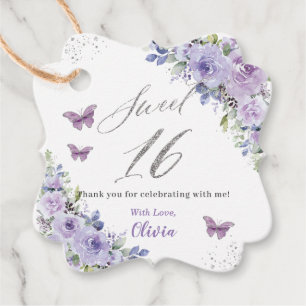 Purple Lilac Floral Butterfly Silver Sweet Sixteen Favour Tags