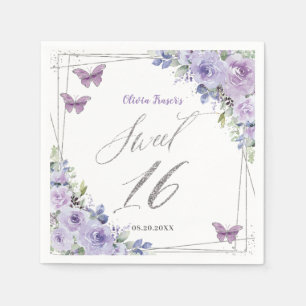 Purple Lilac Floral Butterfly Silver Sweet Sixteen Napkin
