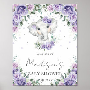 Purple Lilac Floral Cute Elephant Baby Shower Sign