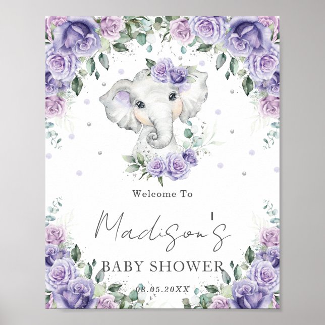 Purple Lilac Floral Cute Elephant Baby Shower Sign (Front)