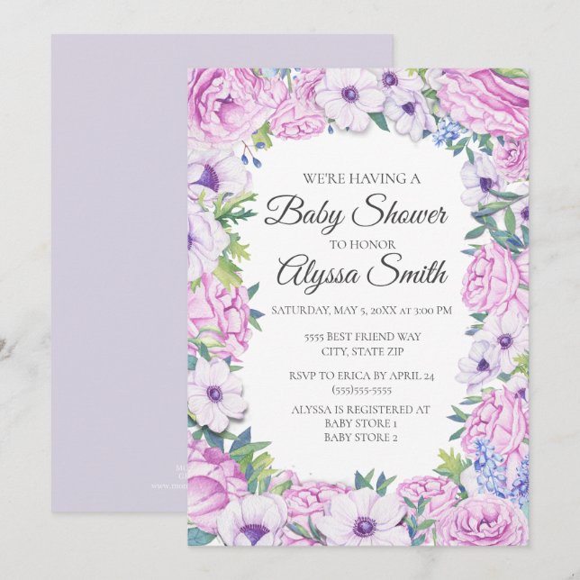 Purple Lilac Floral Floral Baby Shower Invitation (Front/Back)