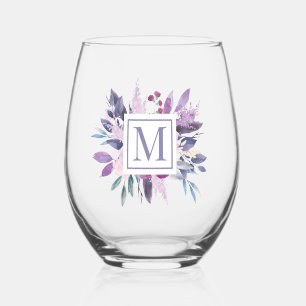 Purple Lilac Floral Flowers Custom Monogram Stemless Wine Glass